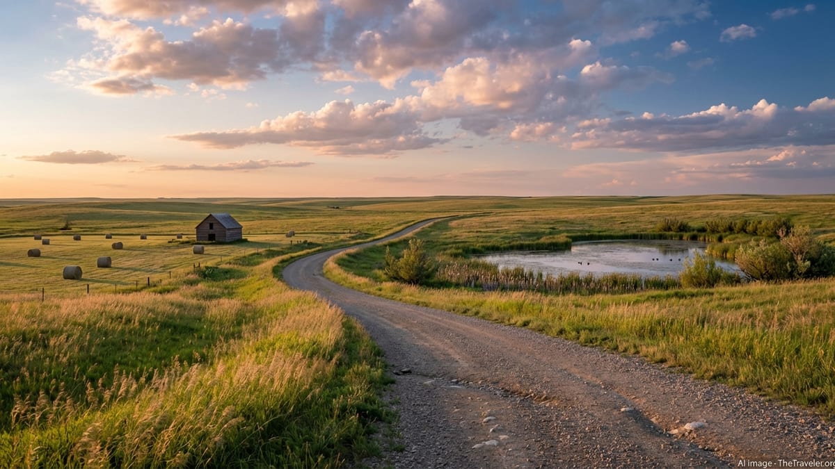 Golden hour light over rolling prairie fields, gravel road, and wetland under a vast sky.