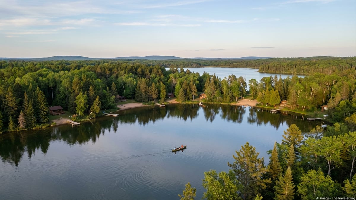 A calm forested lake at sunset with scattered cabins and a lone canoe on the water.