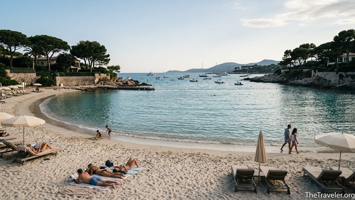 Late afternoon view of Plage de la Garoupe with soft sand, turquoise bay and pines on Cap d’Antibes.