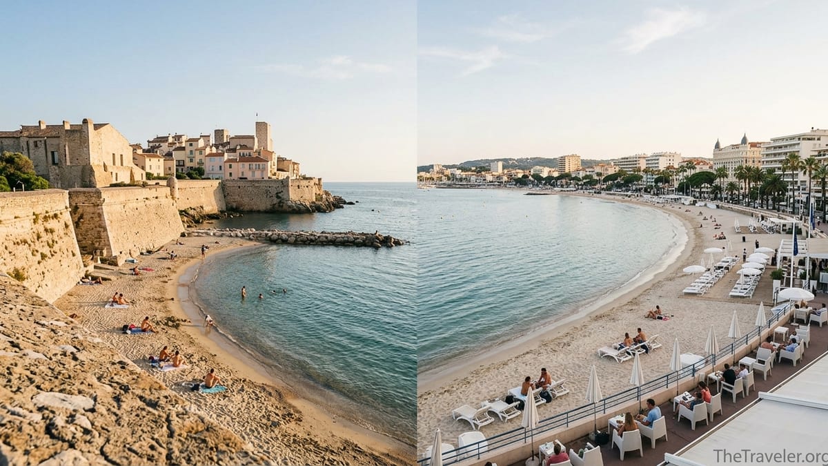 Plage de la Gravette cove below Antibes ramparts facing the wider bay and beaches of Juan-les-Pins at golden hour.