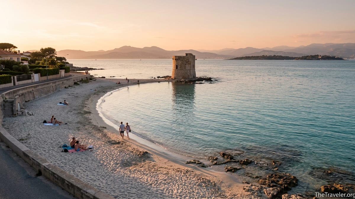 Quiet golden hour scene at Plage des Ondes with stone tower and distant Esterel mountains.