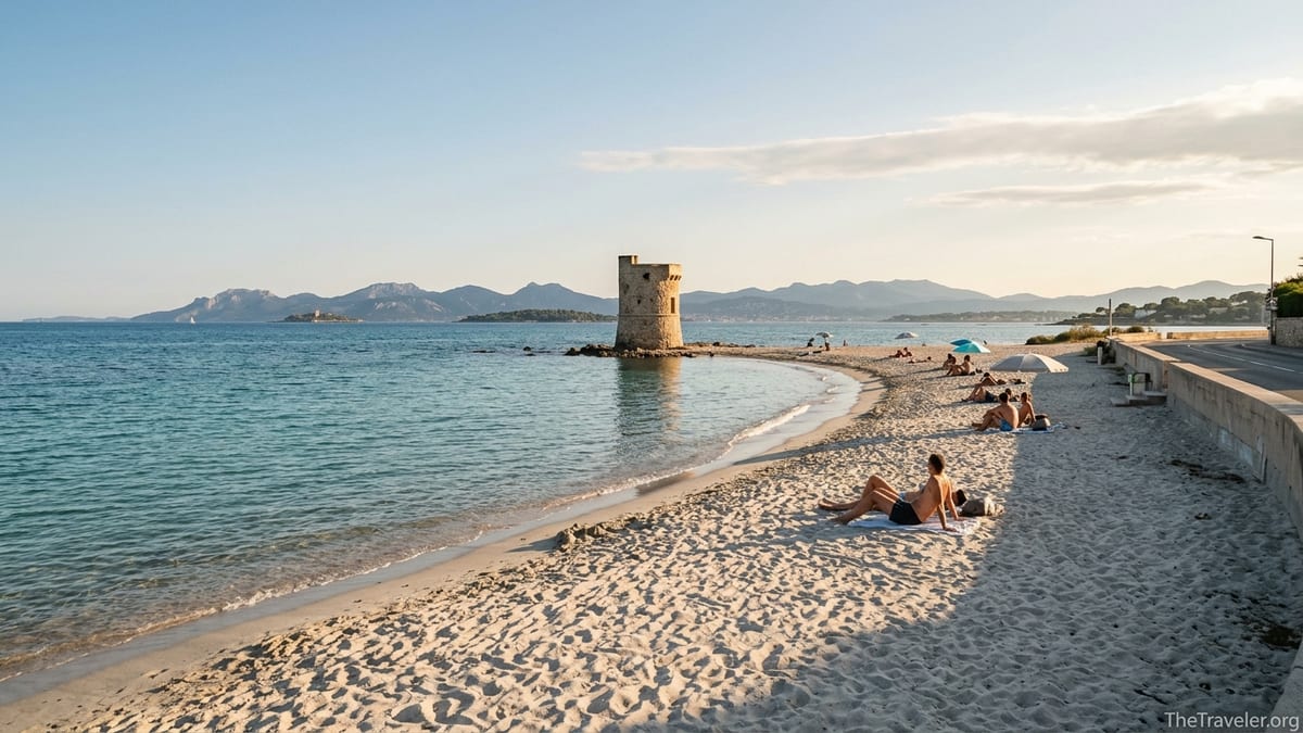 Quiet late-afternoon scene on Plage des Ondes with sandy cove, stone tower and calm turquoise sea.