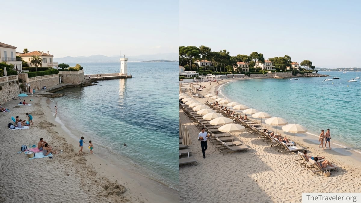 Plage des Ondes and Plage de la Garoupe on Cap d’Antibes with swimmers, loungers and turquoise water on a clear summer day.