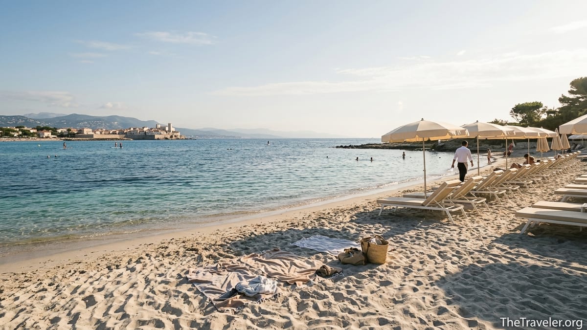 View across calm turquoise water between Plage de la Garoupe and Plage de la Salis near Antibes.