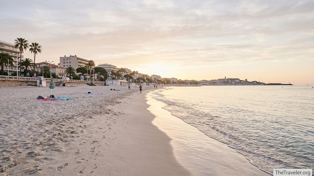 Early morning light over Plages du Midi in Cannes with calm waves and quiet sandy beach.