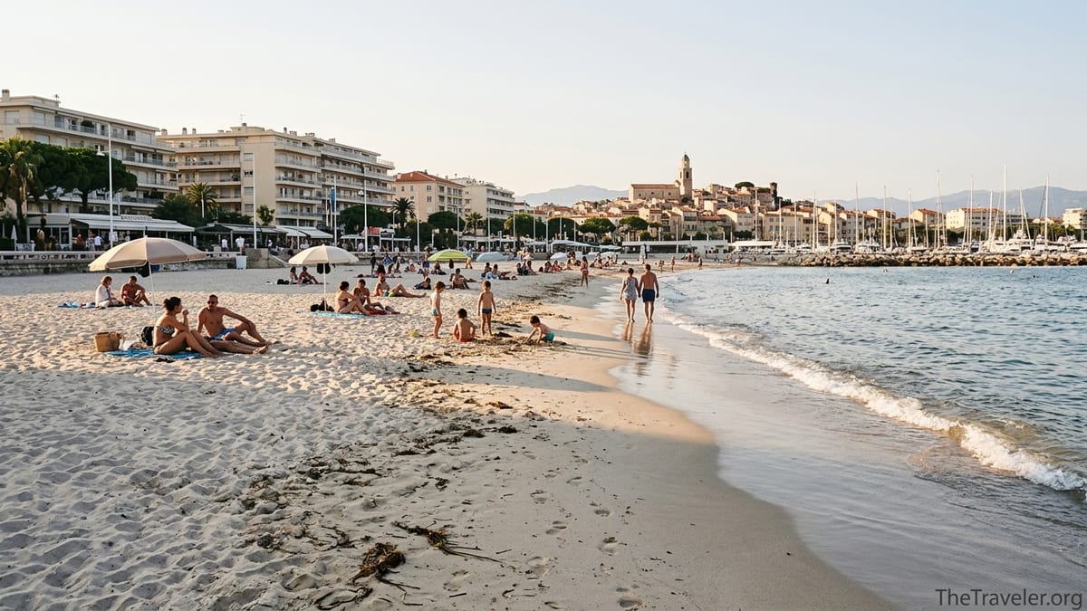 Late-afternoon view of Plages du Midi in Cannes with locals on the sand and Le Suquet rising above the old port.