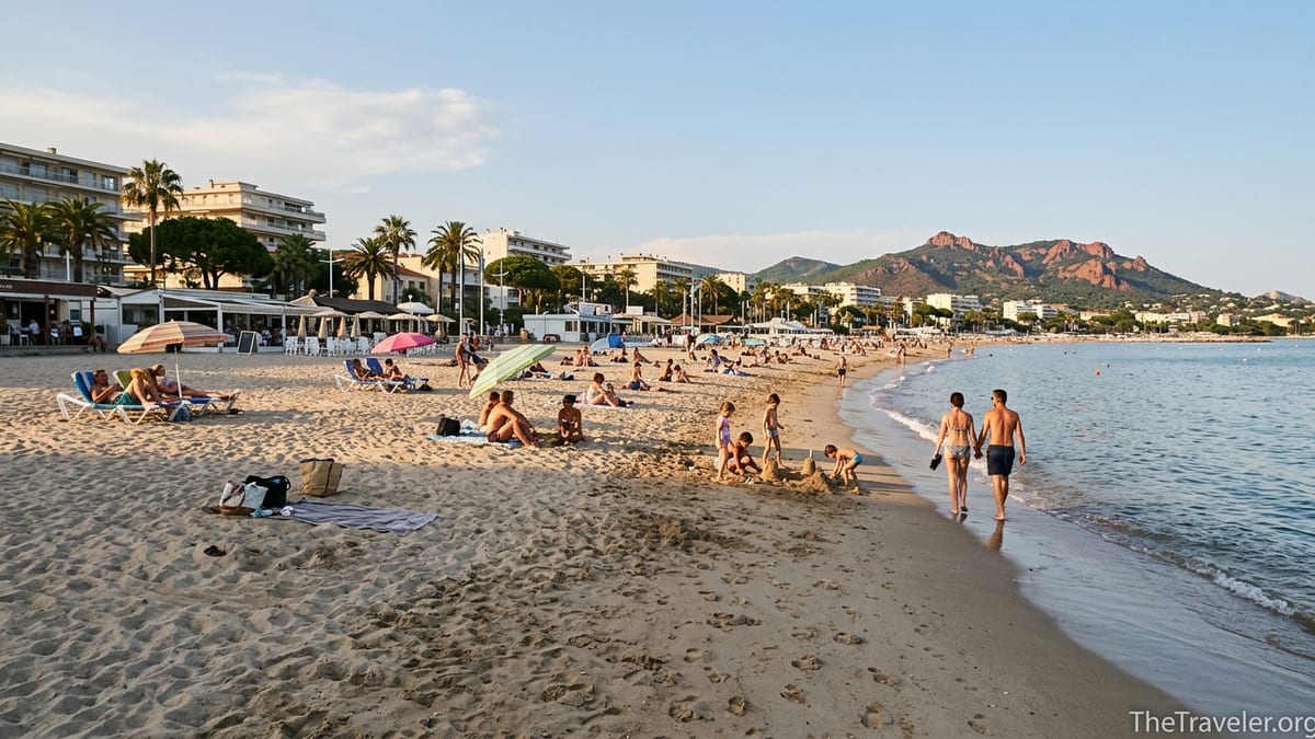 Late afternoon scene on Plages du Midi in Cannes with people relaxing on sandy beach and calm Mediterranean sea.