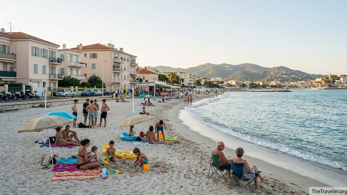 Late-afternoon scene of locals relaxing on Plages du Midi in Cannes with calm sea and low apartment buildings behind.