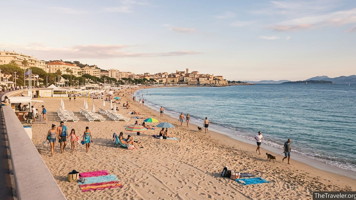 Late afternoon view of Plages du Midi in Cannes with wide sandy beach, calm sea, and locals relaxing by the water.