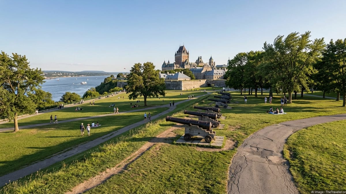 Summer view of Quebec City’s Plains of Abraham with cannons, green lawns and Old Quebec skyline above the Saint Lawrence.