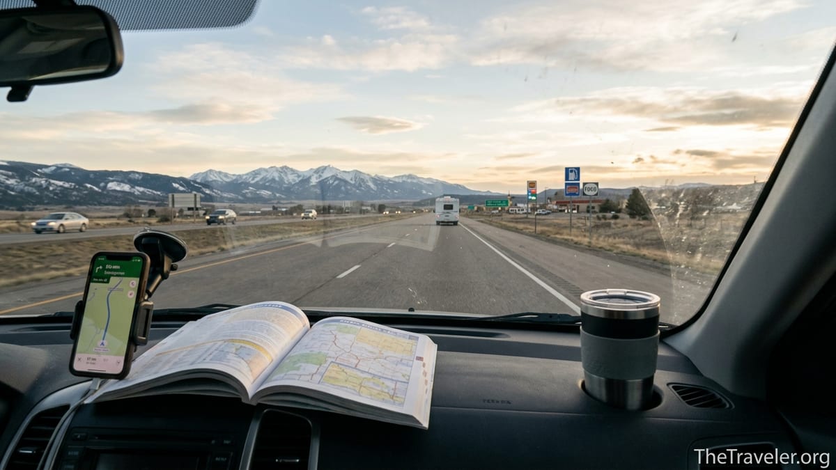 View from a car driving a quiet highway toward distant US mountains at sunset.