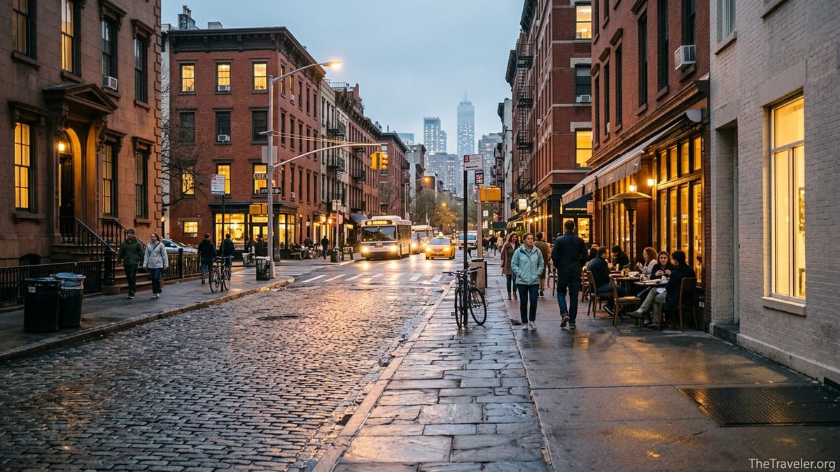 Early evening street in Manhattan’s Greenwich Village with cafes, brownstones, and people walking after rain.