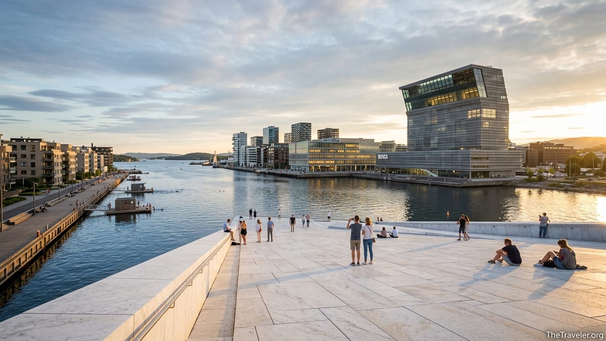 View over Oslo’s Bjørvika waterfront from the Opera House roof at sunset.