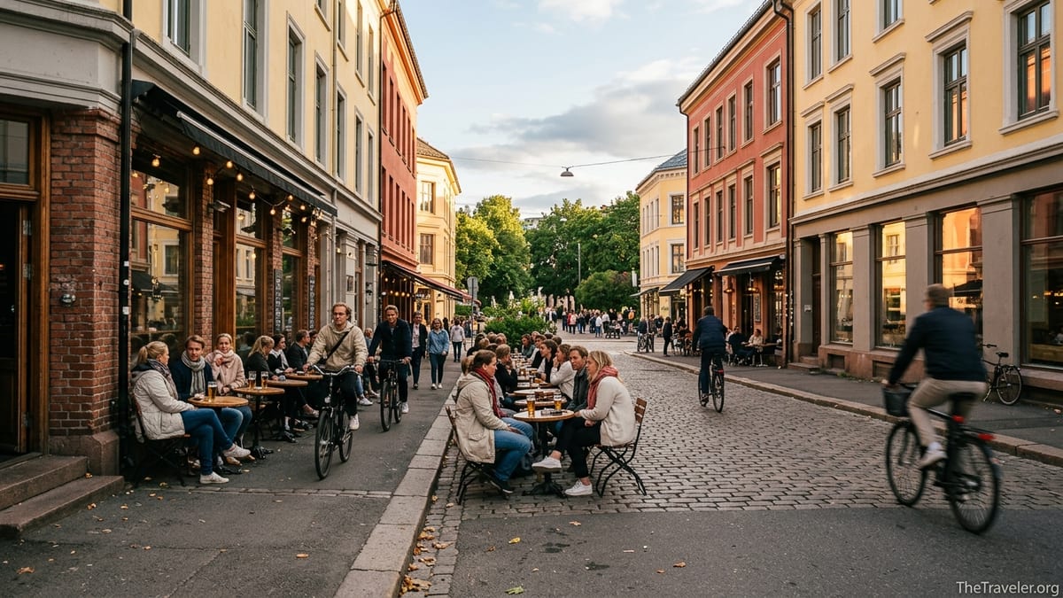 Summer evening street scene with busy cafés and park in Grünerløkka, Oslo.