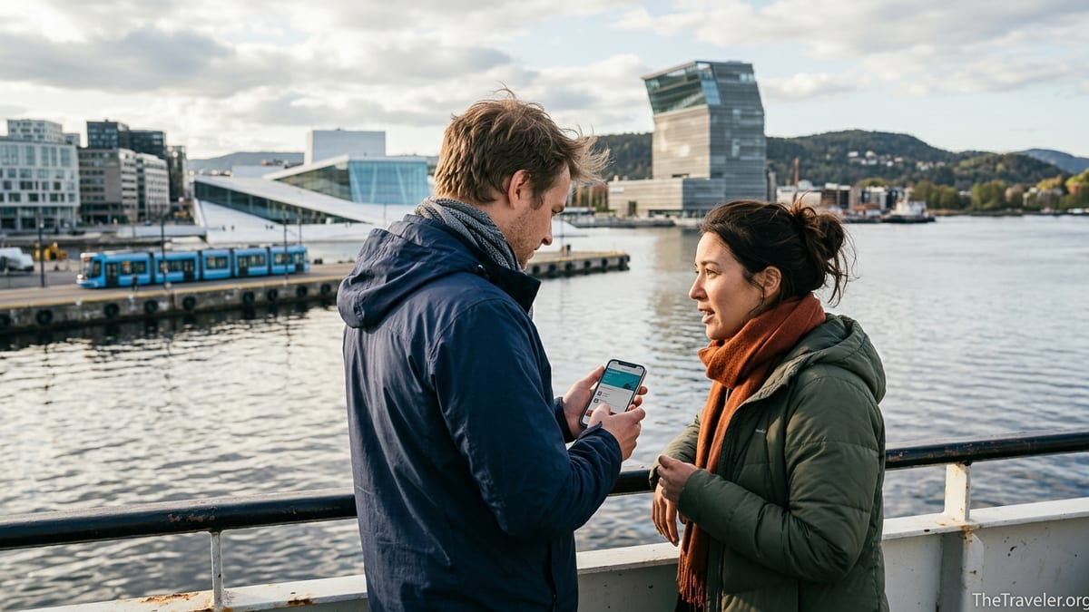 Travelers checking an Oslo Pass app on a ferry with Oslo waterfront in the background.