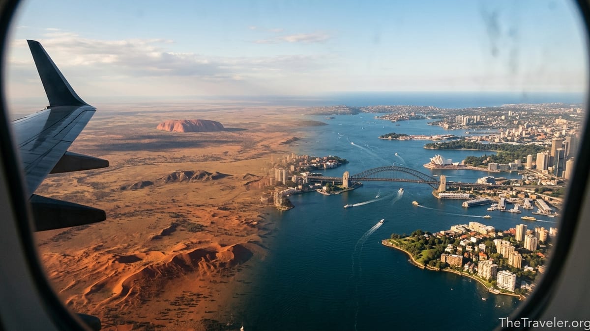 Aerial view of Sydney Harbour fading into Australia’s red desert landscape at sunset.