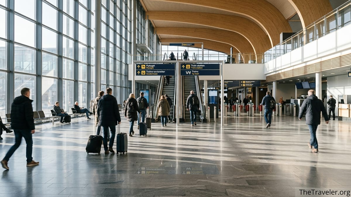 Travelers walking through Oslo Airport Gardermoen departures hall toward trains and security.