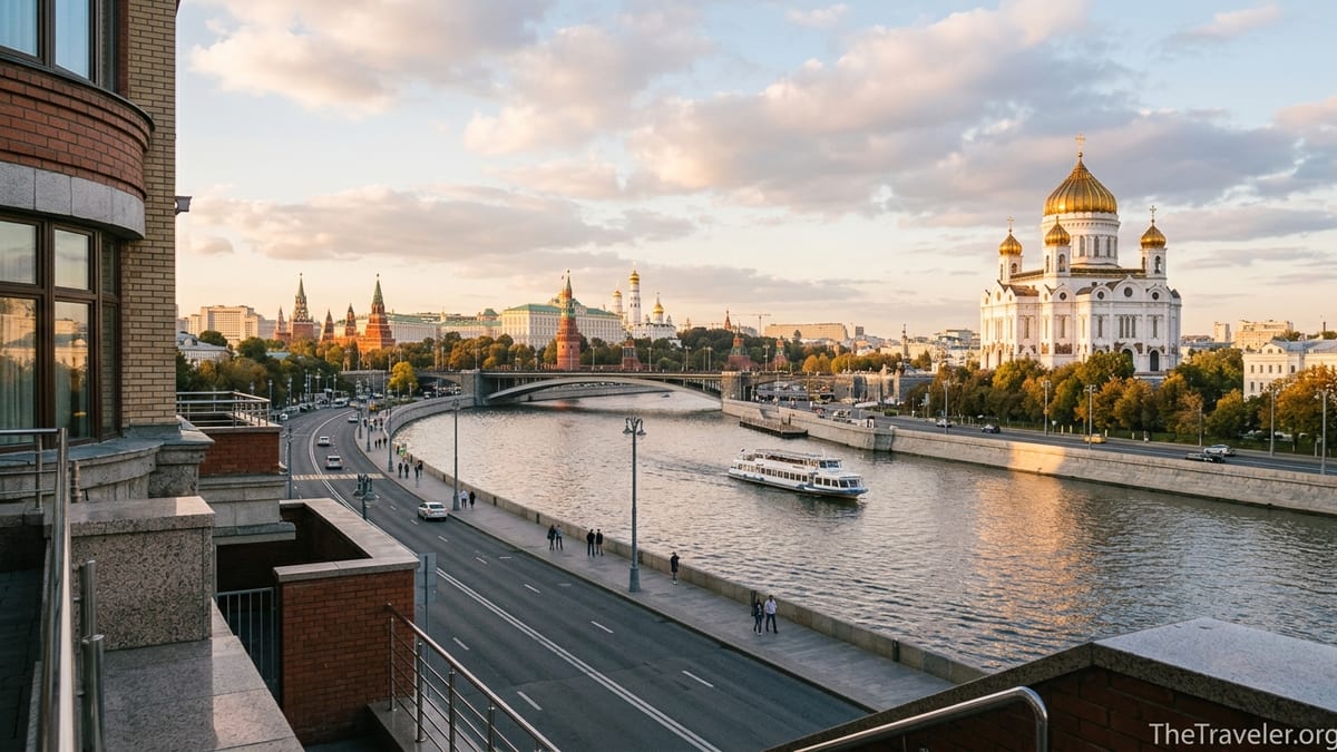 Golden hour view over the Moskva River toward the Kremlin and central Moscow skyline.