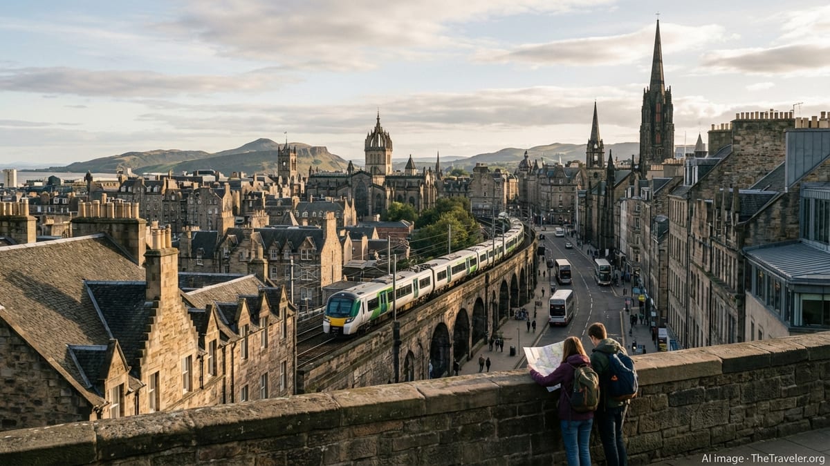 View over Edinburgh Old Town at golden hour with train and travelers planning their UK journey.