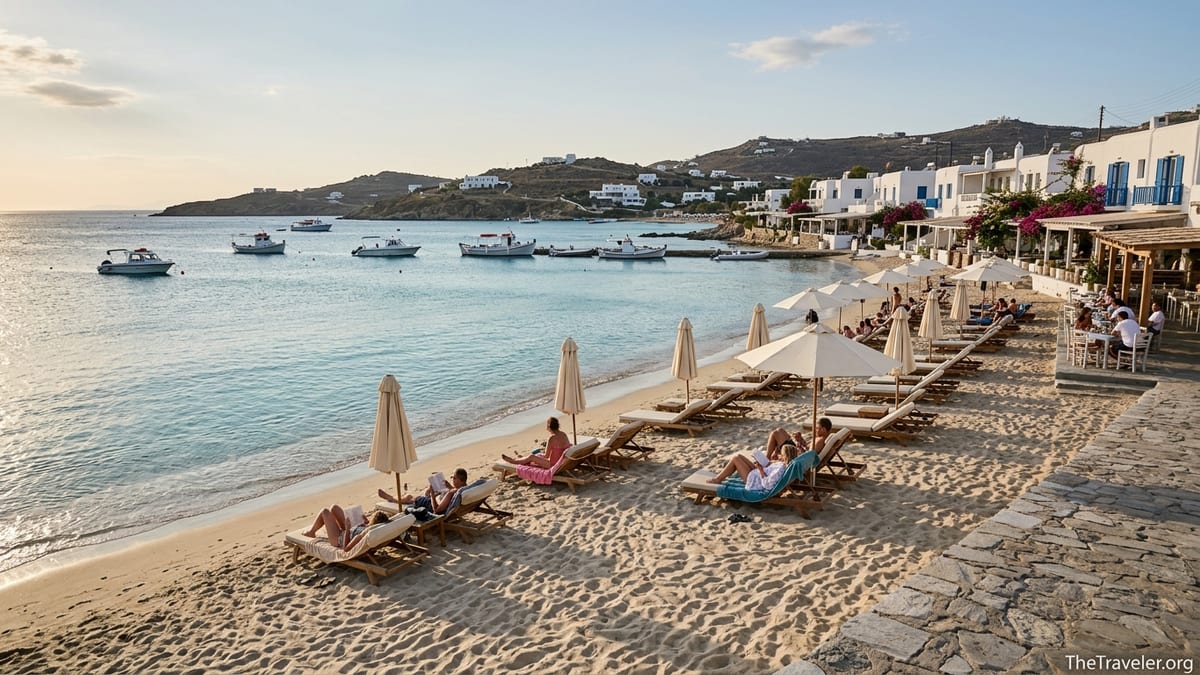 Golden hour view of Platis Gialos beach in Mykonos with calm turquoise water, sunbeds, and whitewashed hotels lining the sand