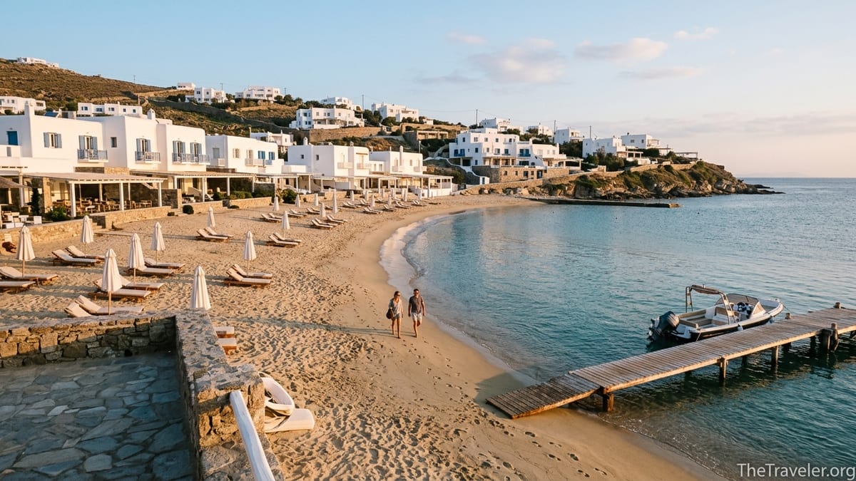 Quiet early morning at Platis Gialos beach in Mykonos with calm sea, few loungers and whitewashed hotels on the hillside.