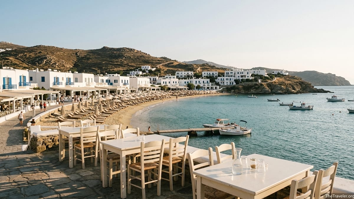 Golden hour view over Platis Gialos bay in Mykonos with beach, umbrellas and seafront cafes.