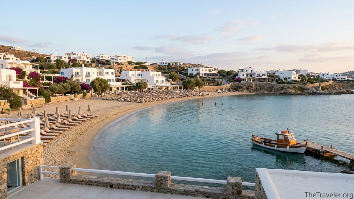 Early evening view over Platis Gialos bay in Mykonos with calm water, beach and hillside hotels.