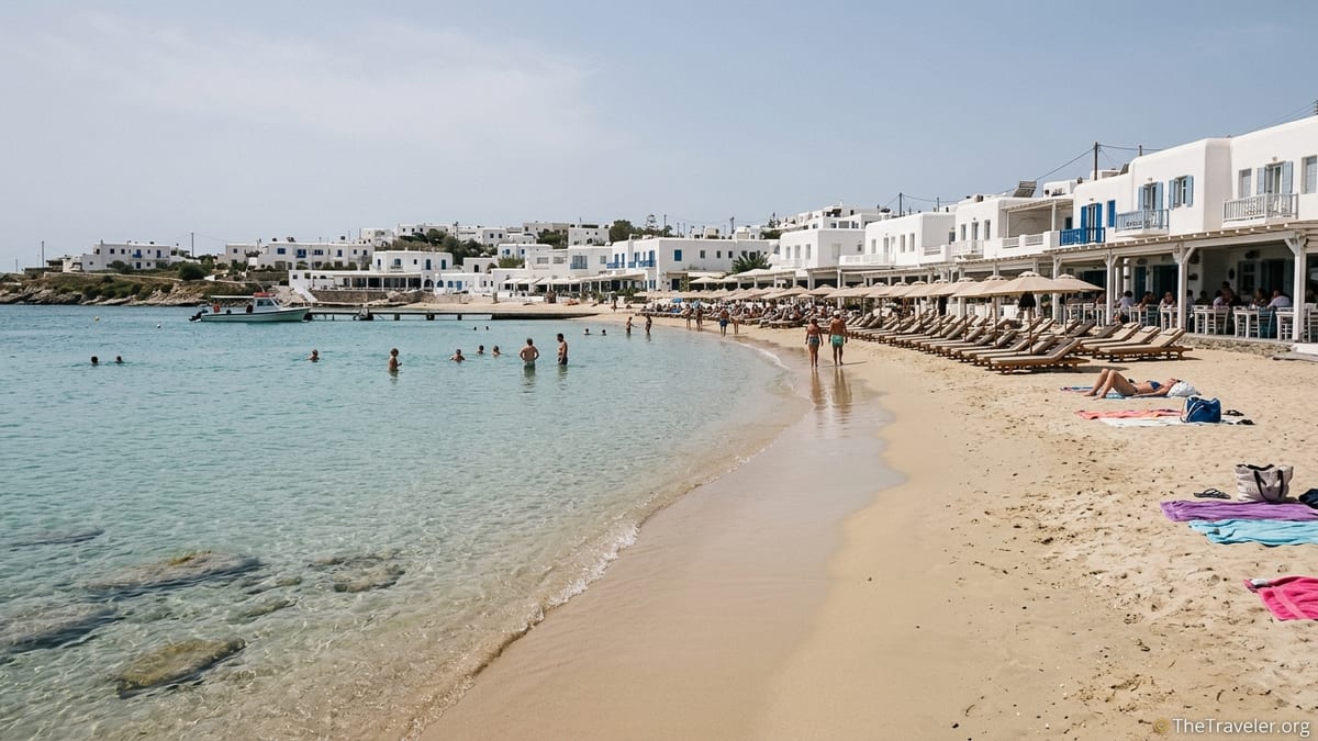 Calm morning at Platis Gialos beach in Mykonos with sunbeds, clear water and whitewashed hotels.