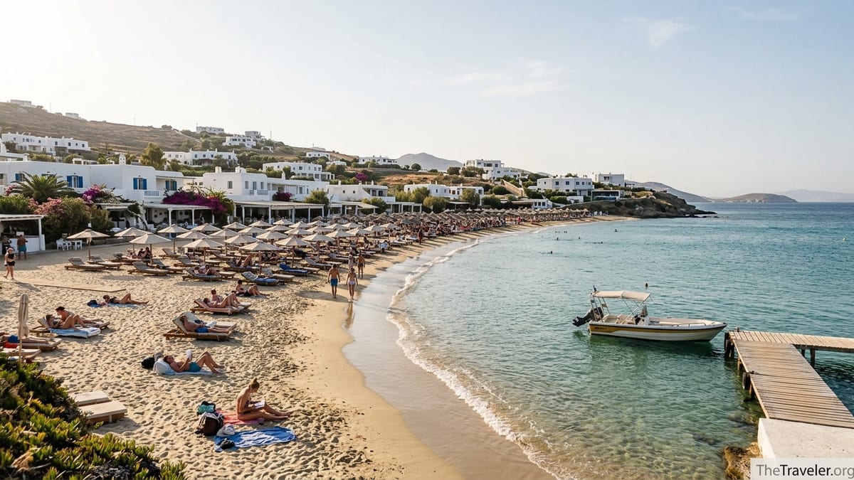 Wide view of Platis Gialos beach in Mykonos with sunbeds, turquoise water and white houses on the hillside.