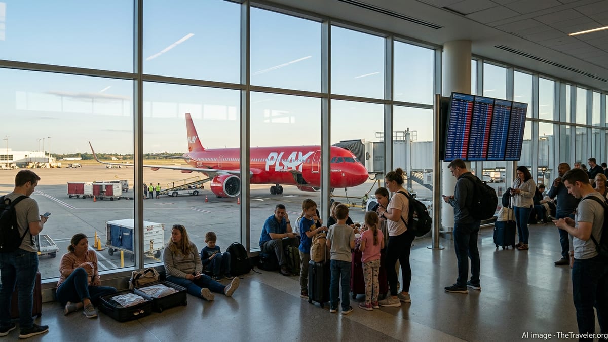 Travelers in a U.S. airport terminal looking at a grounded PLAY Airlines jet through large windows.