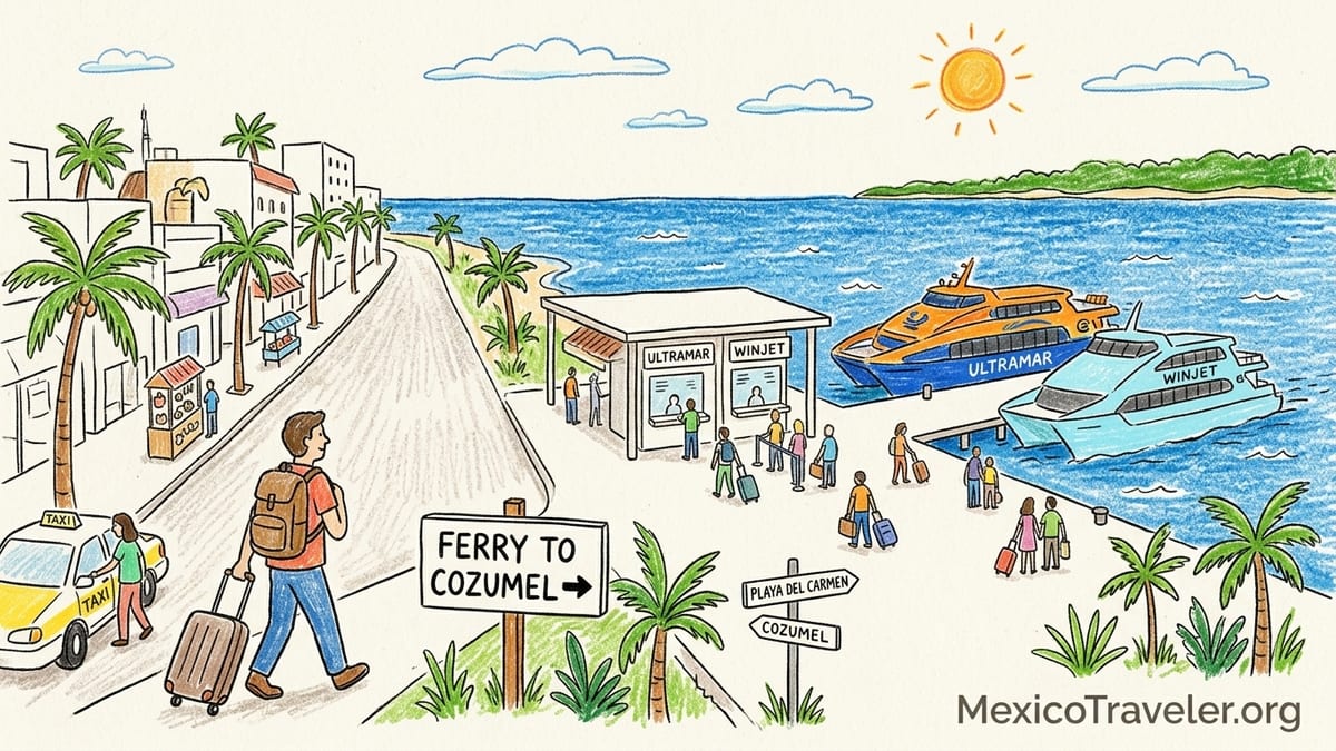 Travelers boarding the Playa del Carmen to Cozumel ferry at the pier on a breezy morning