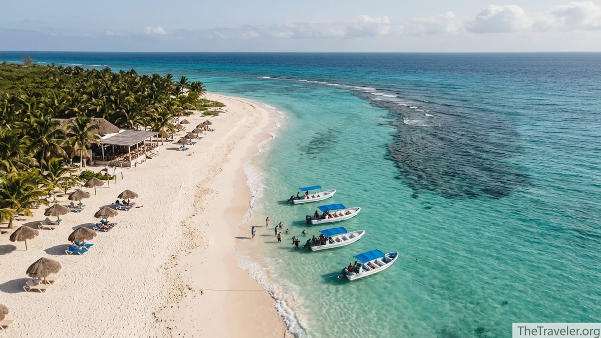 Aerial view of Playa Palancar with small snorkel boats heading toward Palancar Reef off Cozumel.