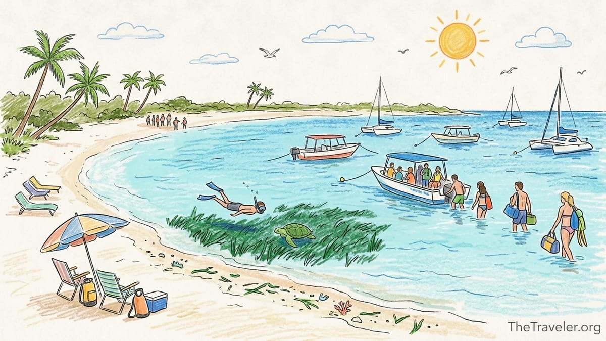 Boats anchored off Playa Tortuga with visitors on a white-sand beach on Culebrita