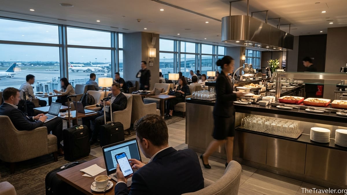 Crowded Plaza Premium airport lounge with travelers waiting and working before flights