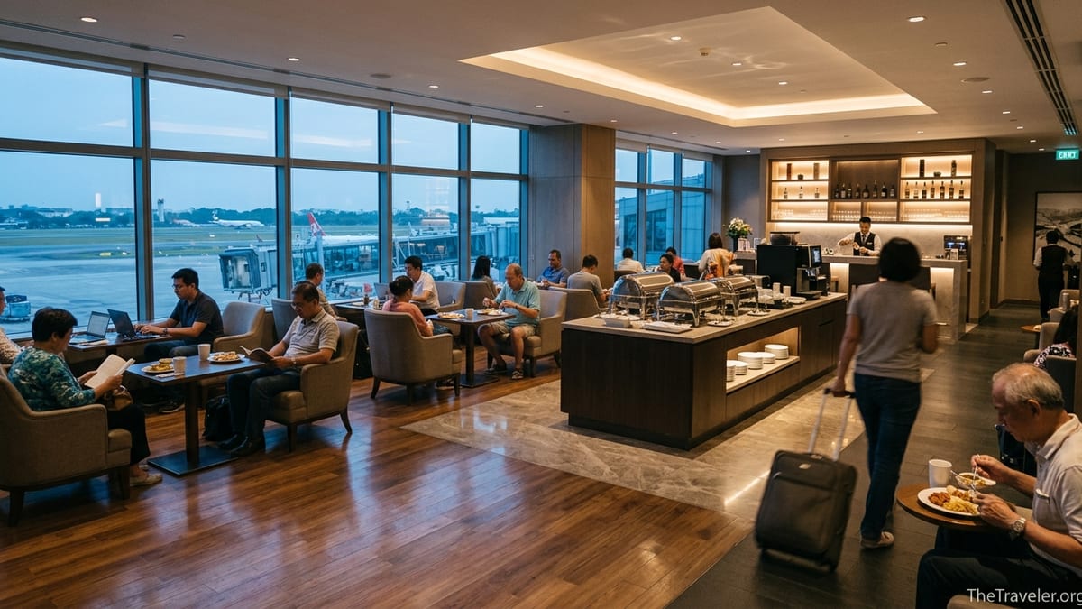 Travelers relaxing and working inside a bright airport lounge overlooking the runway at dusk.