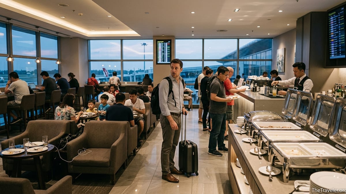 Crowded Plaza Premium airport lounge with travelers searching for seats near buffet and bar.