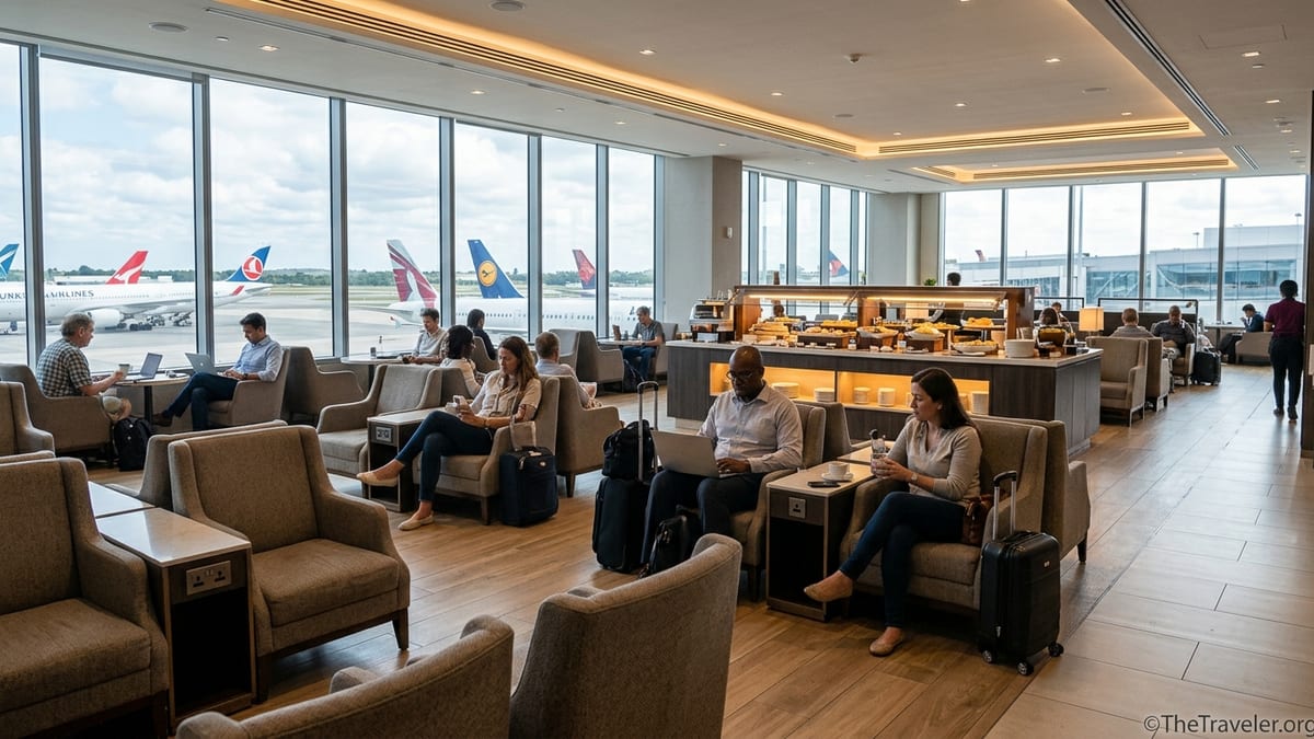 Travelers relaxing and working inside a bright Plaza Premium airport lounge with runway views.