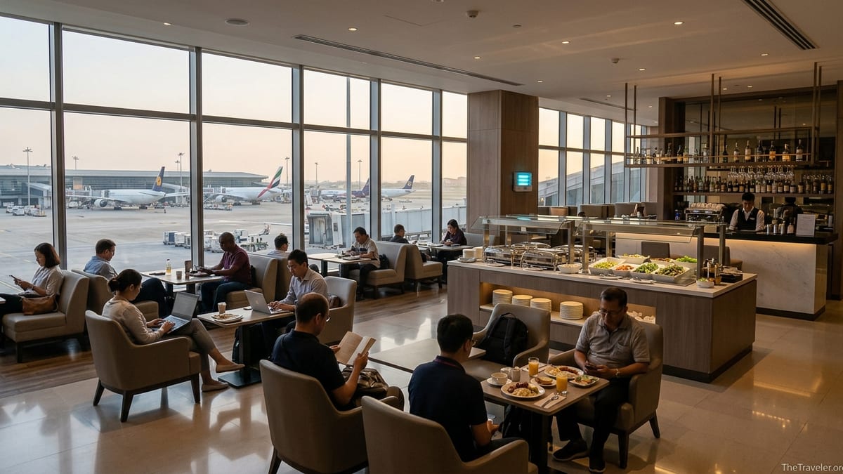 Travelers relaxing and working inside a modern Plaza Premium airport lounge with runway views.
