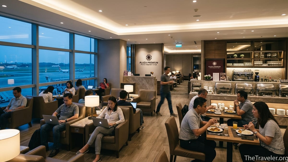 Travelers relaxing and working inside a modern Plaza Premium airport lounge at dusk.