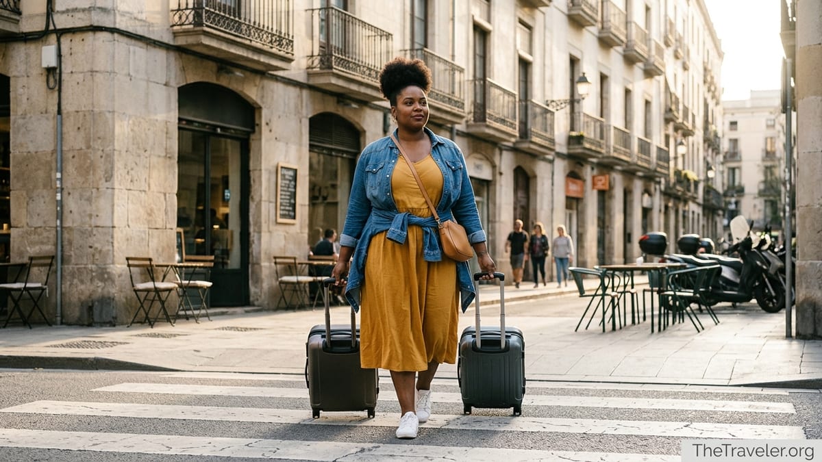 Plus-sized Black woman walking solo with luggage down a sunlit European city street.