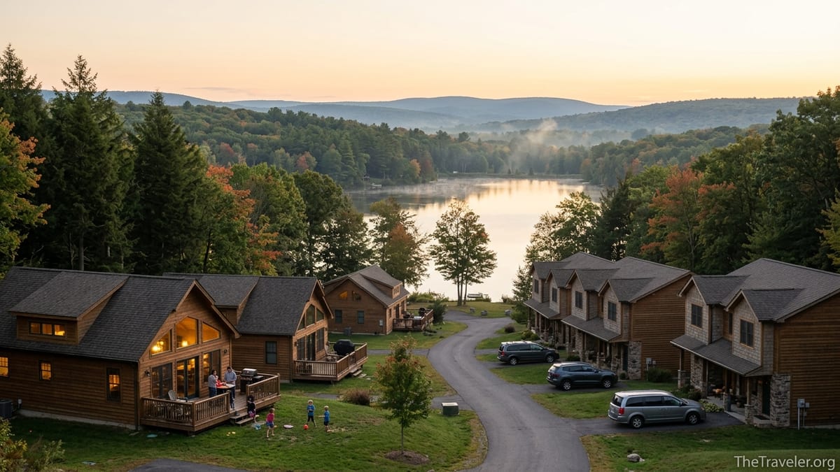 Poconos lakeside cabins and villas surrounded by autumn trees at sunset.