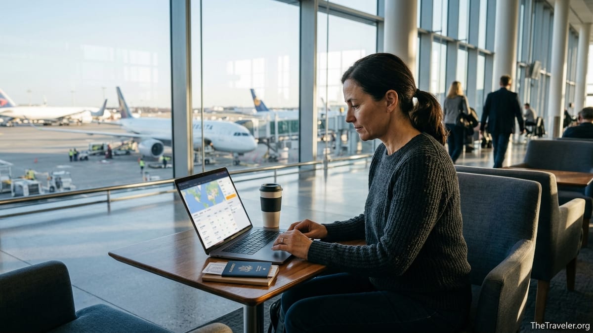 Traveler in an airport lounge using a laptop to search award flights with cards and passport on the table.
