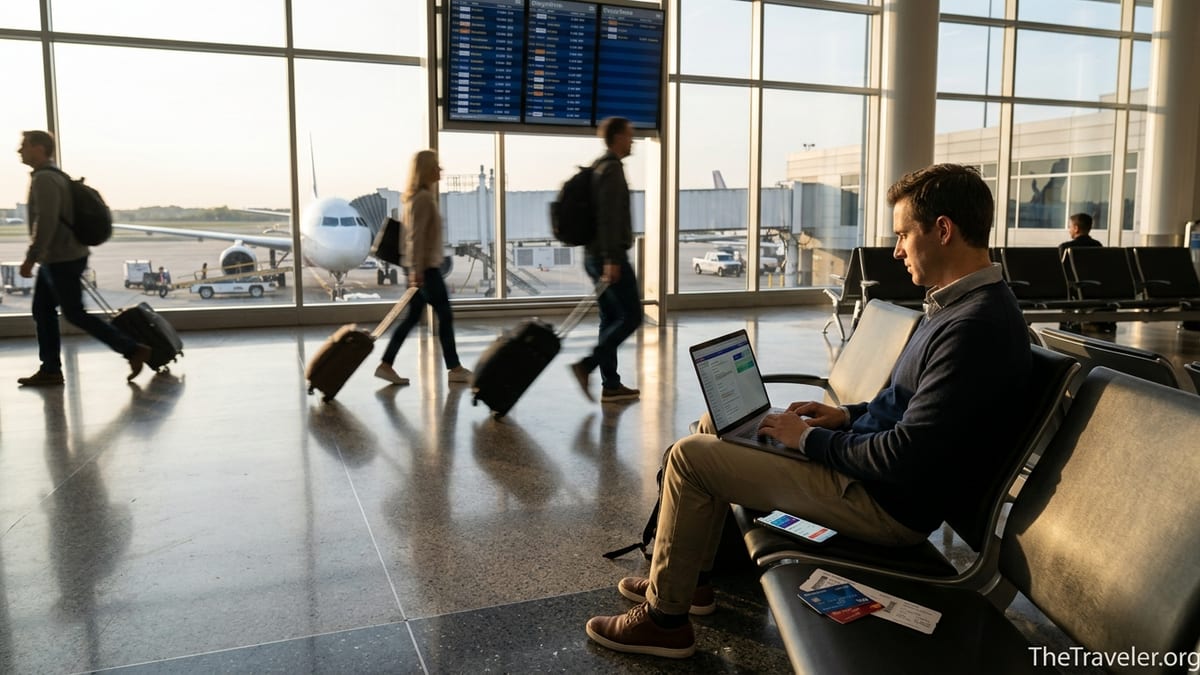 Traveler in airport terminal reviewing credit cards and points app beside carry-on bag.