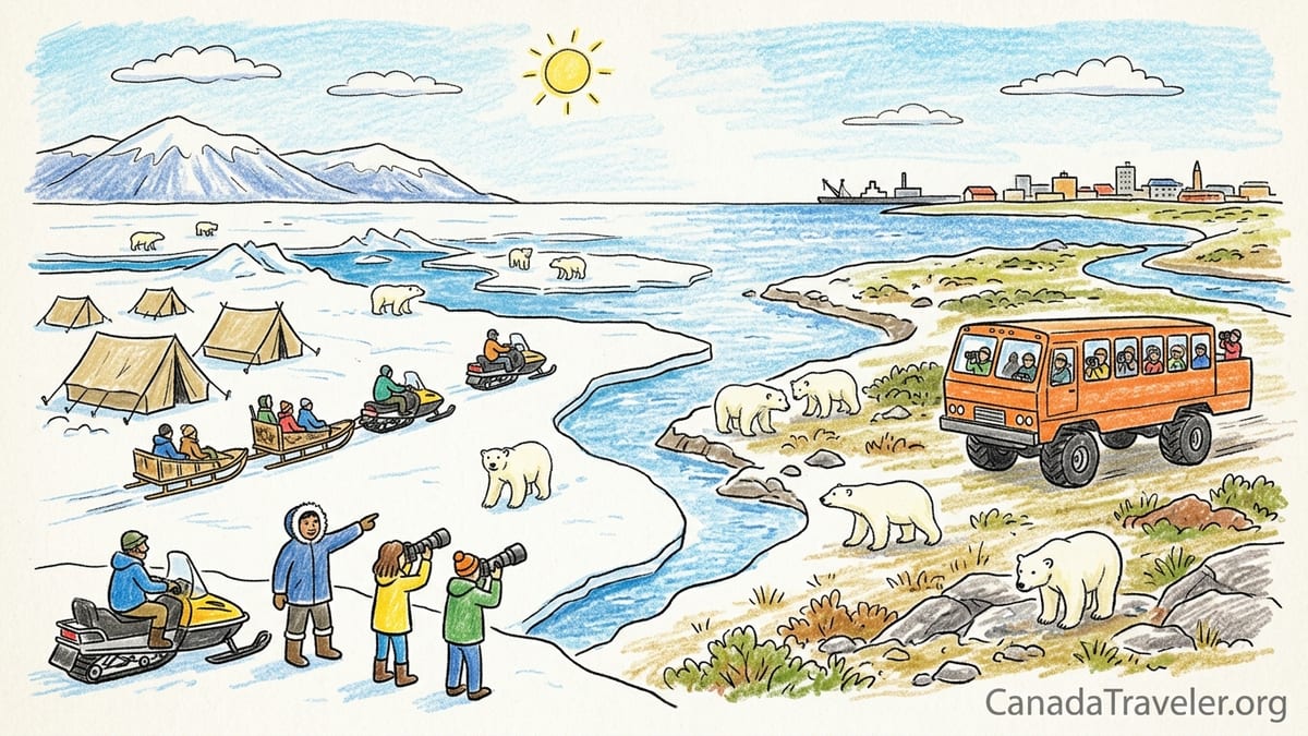 A small floe-edge camp on sea ice near Baffin Island with a polar bear walking along the ice edge.
