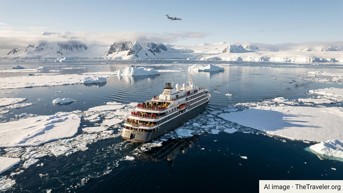 Expedition cruise ship navigating Antarctic sea ice beneath snowy mountains in soft polar light.