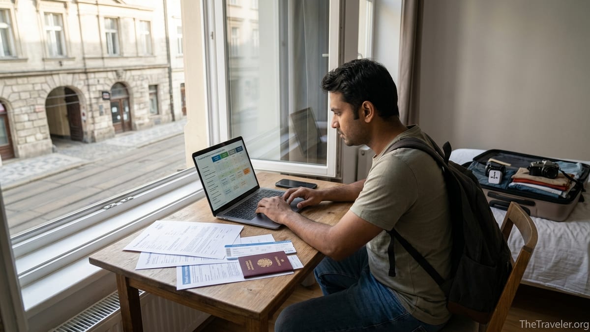 Traveler in a European apartment comparing travel insurance plans on a laptop before a trip.