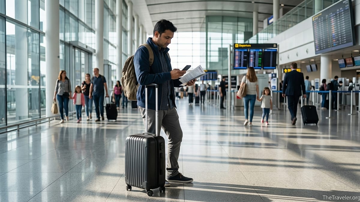 Traveler in an airport terminal checking travel insurance documents on a phone.