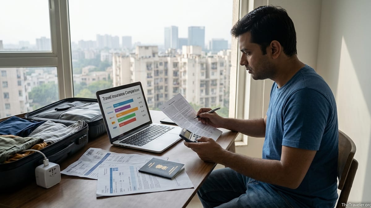 Traveler in India reviewing travel insurance documents beside laptop and packed suitcase.