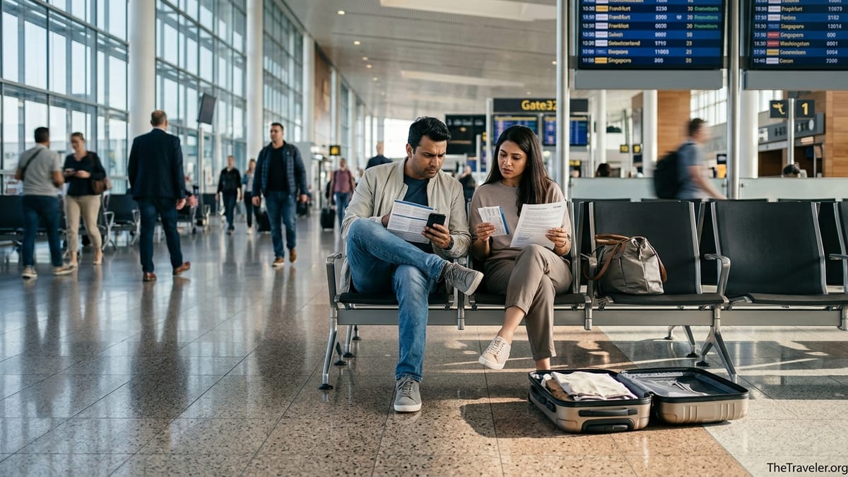 Indian travelers in an airport reviewing travel insurance documents before a flight.