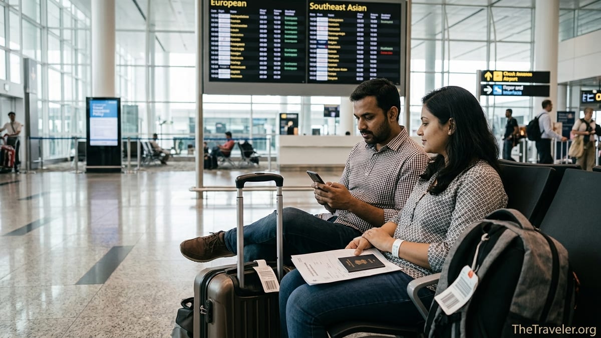Indian travelers review their Policybazaar travel insurance at an airport gate.